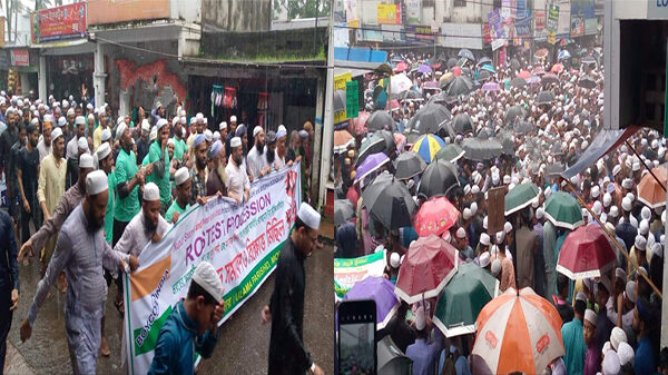 মৌলভীবাজারে বৃষ্টি উপেক্ষা করে হাজারো মানুষের ঢল বিক্ষোভ মিছিল ও সমাবেশে